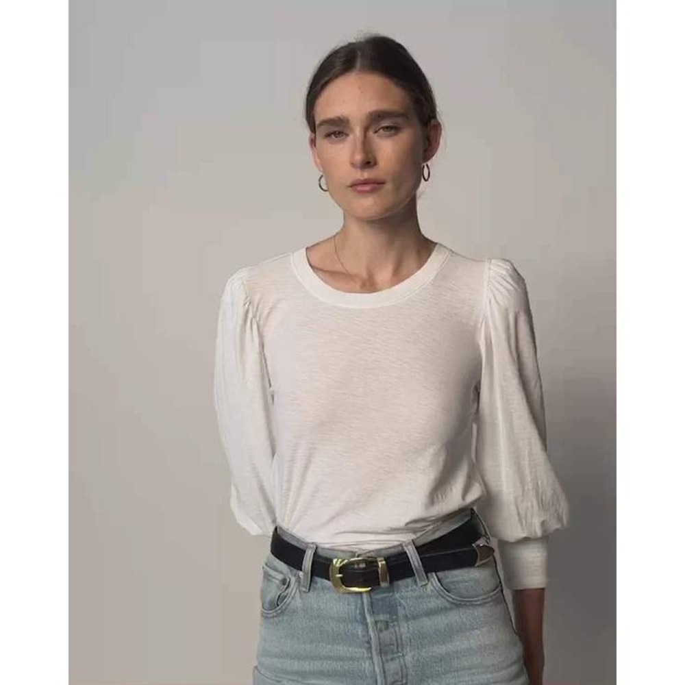 Nation LTD Loren Smocked Peasant Tee Womens XL White Smocked cuff puff sleeve